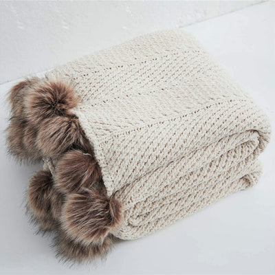 Brown Faux Fur Poms Cream Throw Blanket
