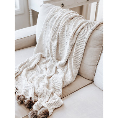 Knit Throw Blanket with brown Faux Pom Poms