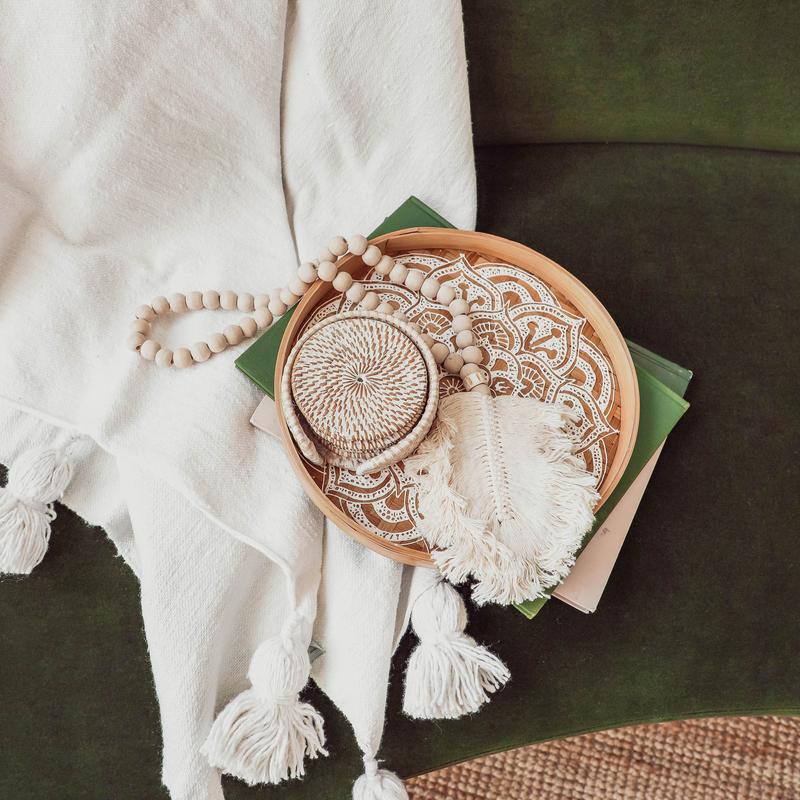 Feather Beaded Tassel on couch and blanket