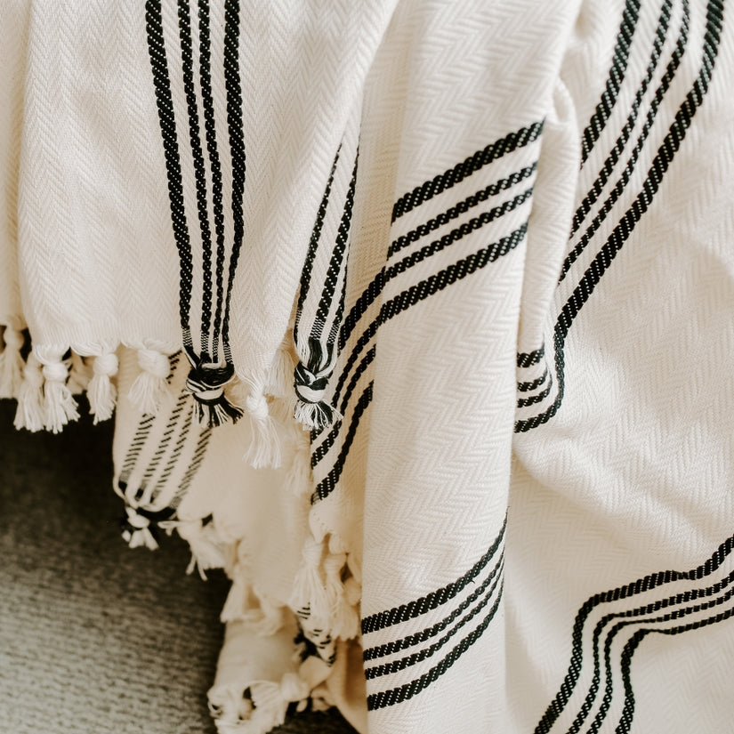 Henley Turkish Cotton Throw Blanket - close up of 4 stripe pattern and neutral cream color