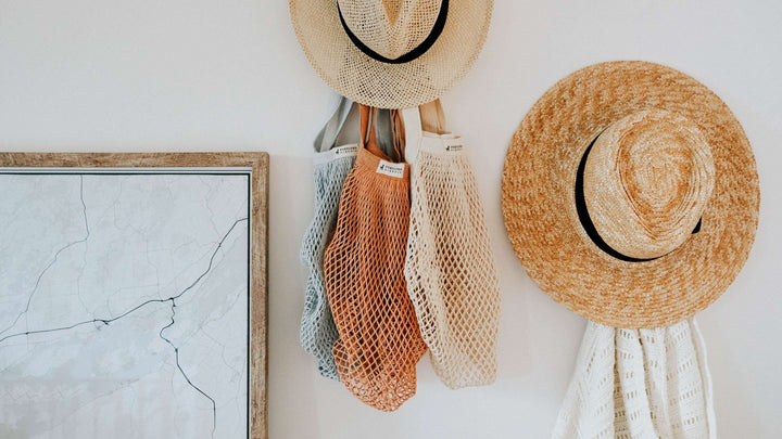 Organic cotton Net Eco Bags in Natural, blue sky and ochre colors.