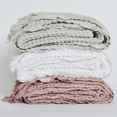 Piccola Waffle Blankets - stacked White, haven and primrose.