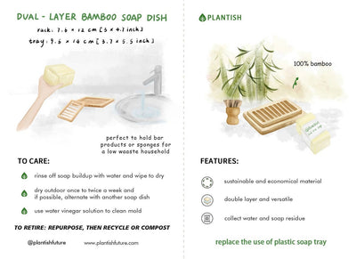 PLANTISH FUTRE care instructions, features, and dimensions of the Dual-Layer Bamboo Soap Dish.