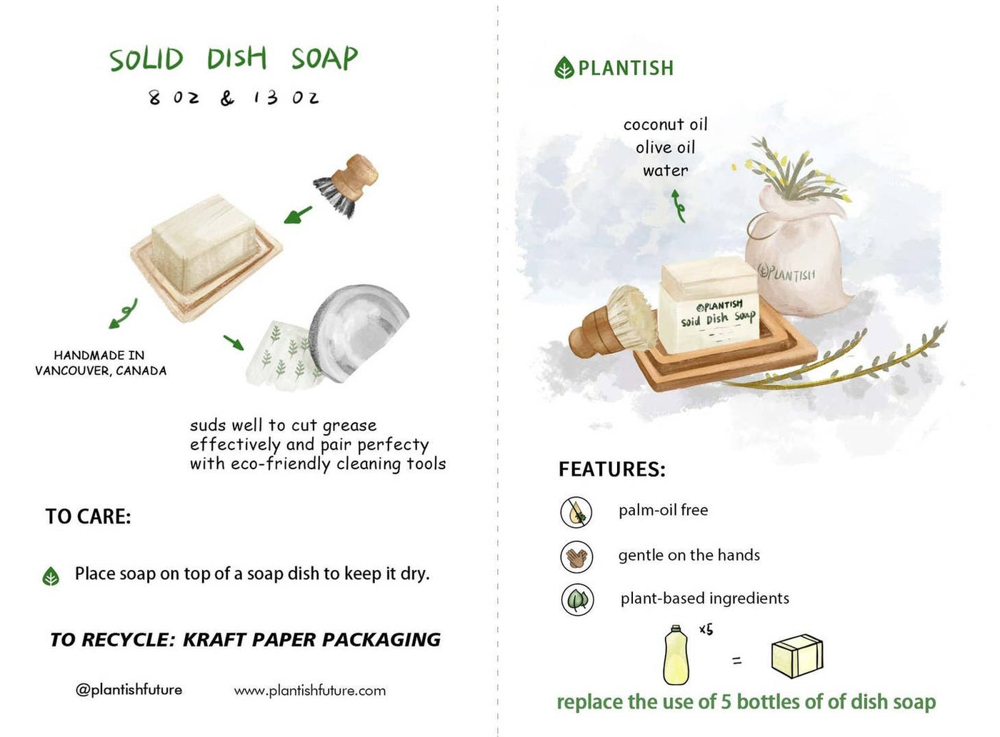 Care instructions & Features of the Solid Dish Soap Bar, 8oz