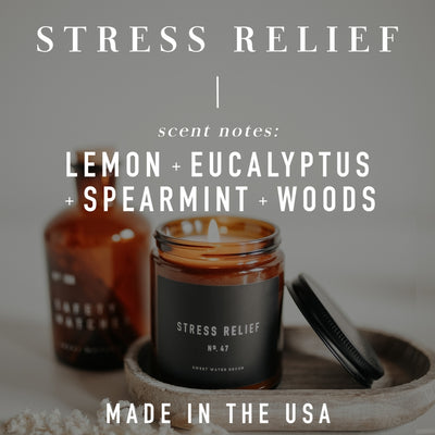 Stress Relief scent notes of lemon + eucalyptus + spearmint + woods.  Made in the USA