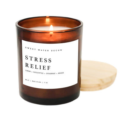 Stress Relief Soy Candle: In amber colored jar with light wood lid
