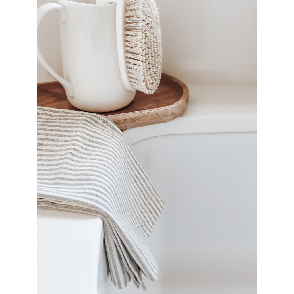 Grey Stripe Linen kitchen tea towel. Ticking Stripes