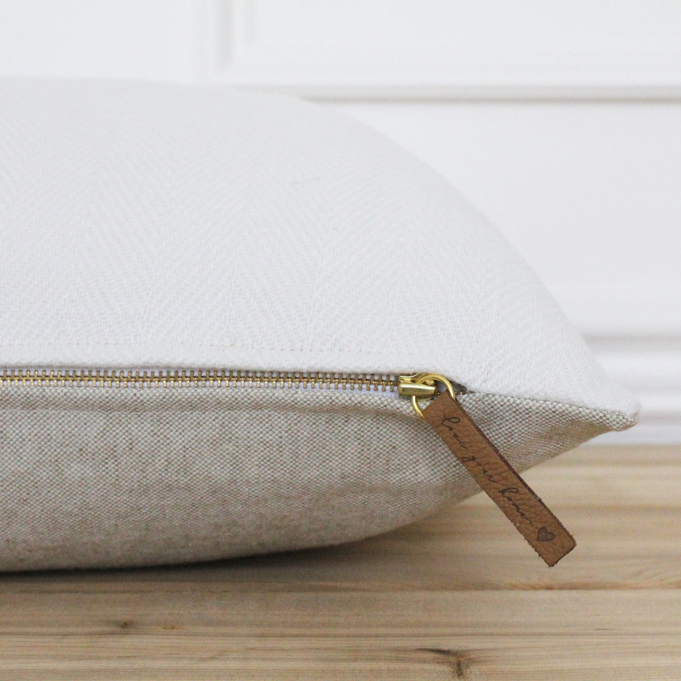 Designer Herringbone Pillow - white front, natural flax color back - leather zipper tag